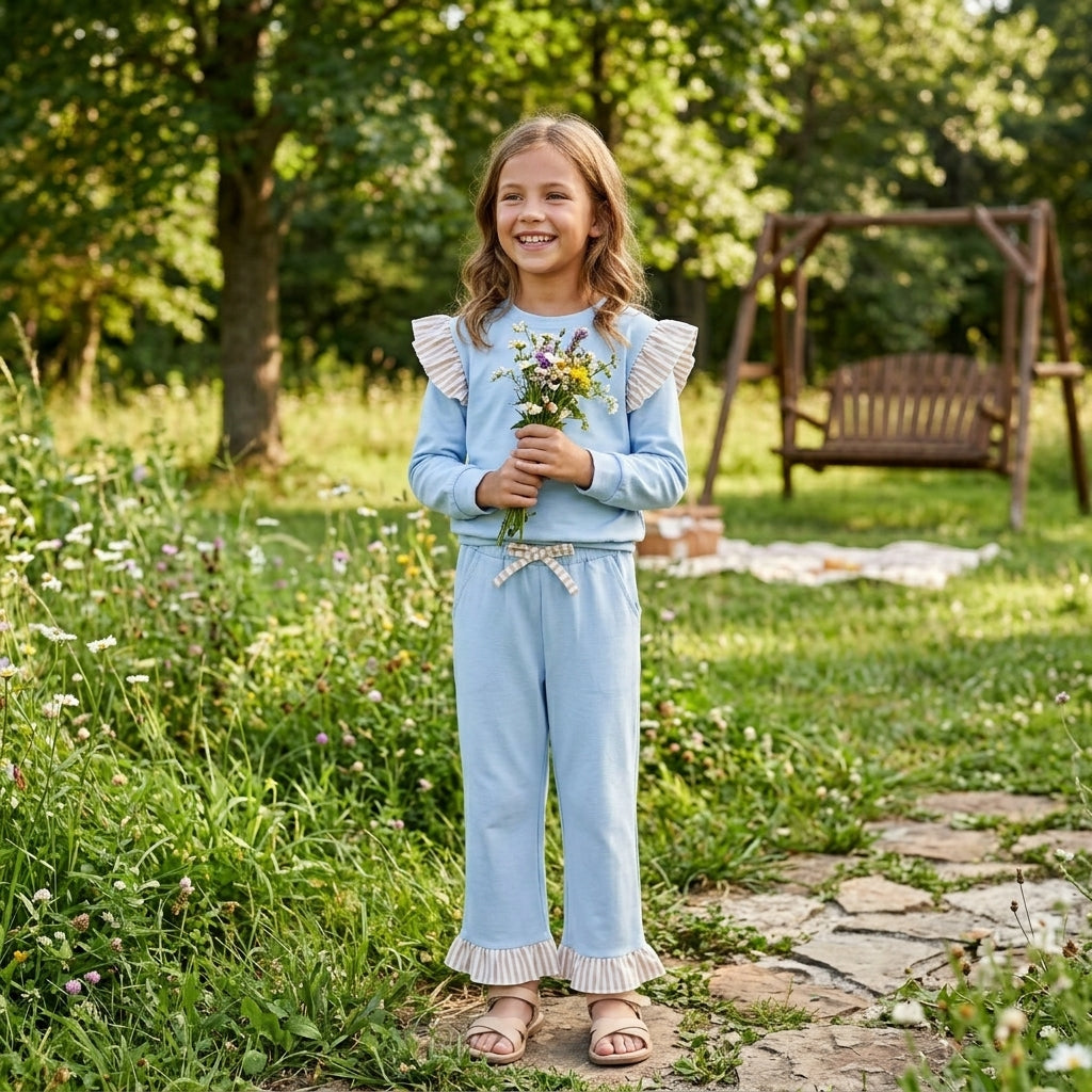 GLP3696 Solid Color Stripe Ruffles Light Blue Girls Set