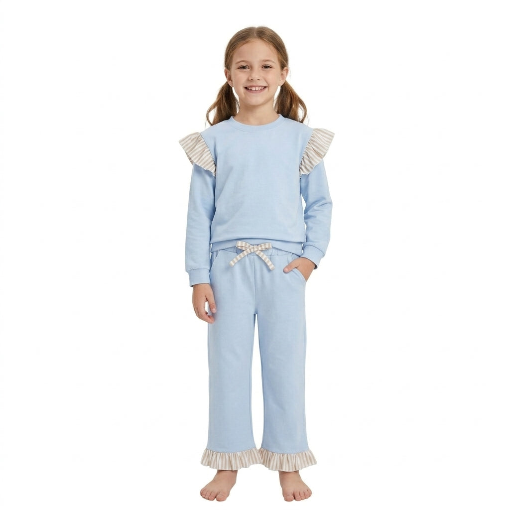GLP3696 Solid Color Stripe Ruffles Light Blue Girls Set