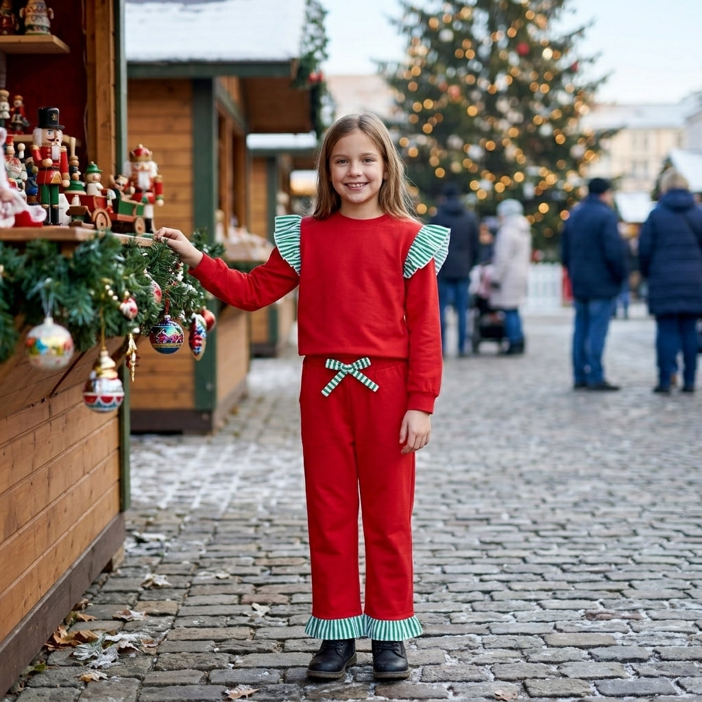 GLP3697 Christmas Solid Color Stripe Ruffles Red Girls Set