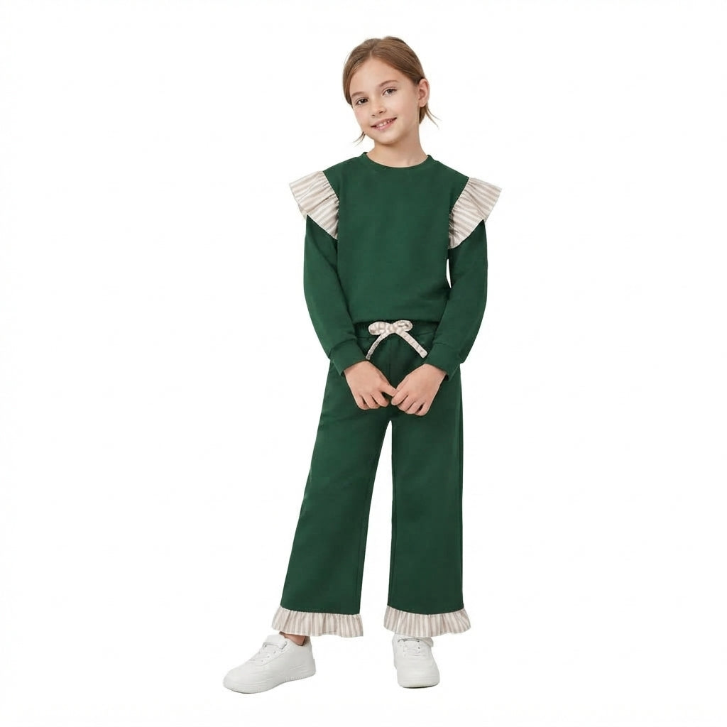 GLP3698 Solid Color Stripe Ruffles Dark Green Girls Set