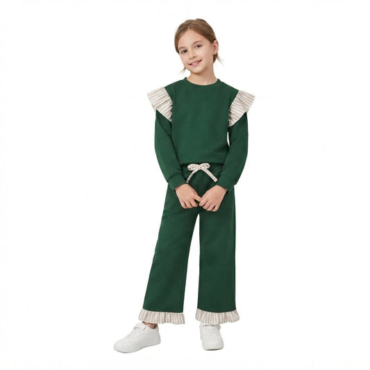 GLP3698 Solid Color Stripe Ruffles Dark Green Girls Set
