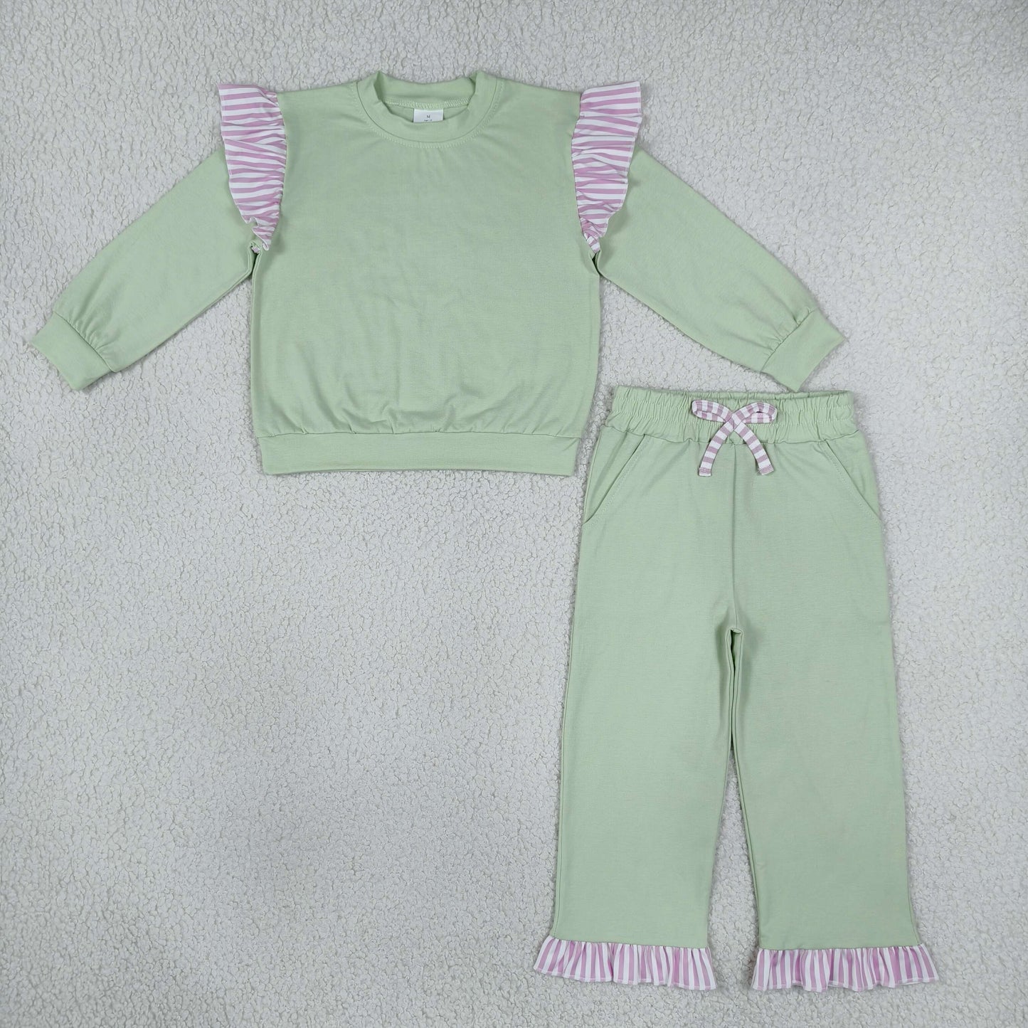 GLP3700 Solid Color Stripe Ruffles Light Green Girls Set