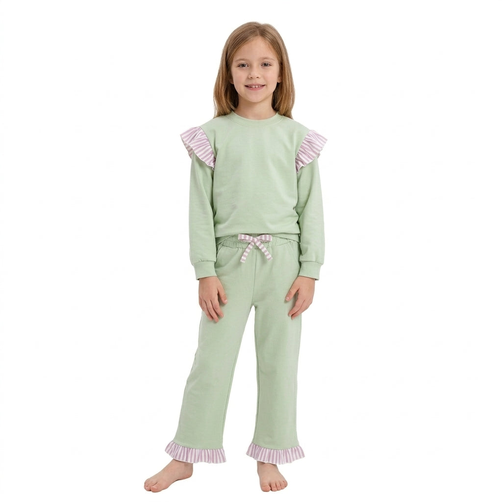 GLP3700 Solid Color Stripe Ruffles Light Green Girls Set