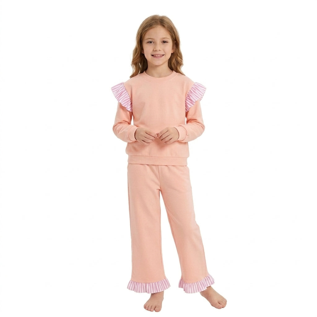 GLP3702 Solid Color Stripe Ruffles Pink Girls Set