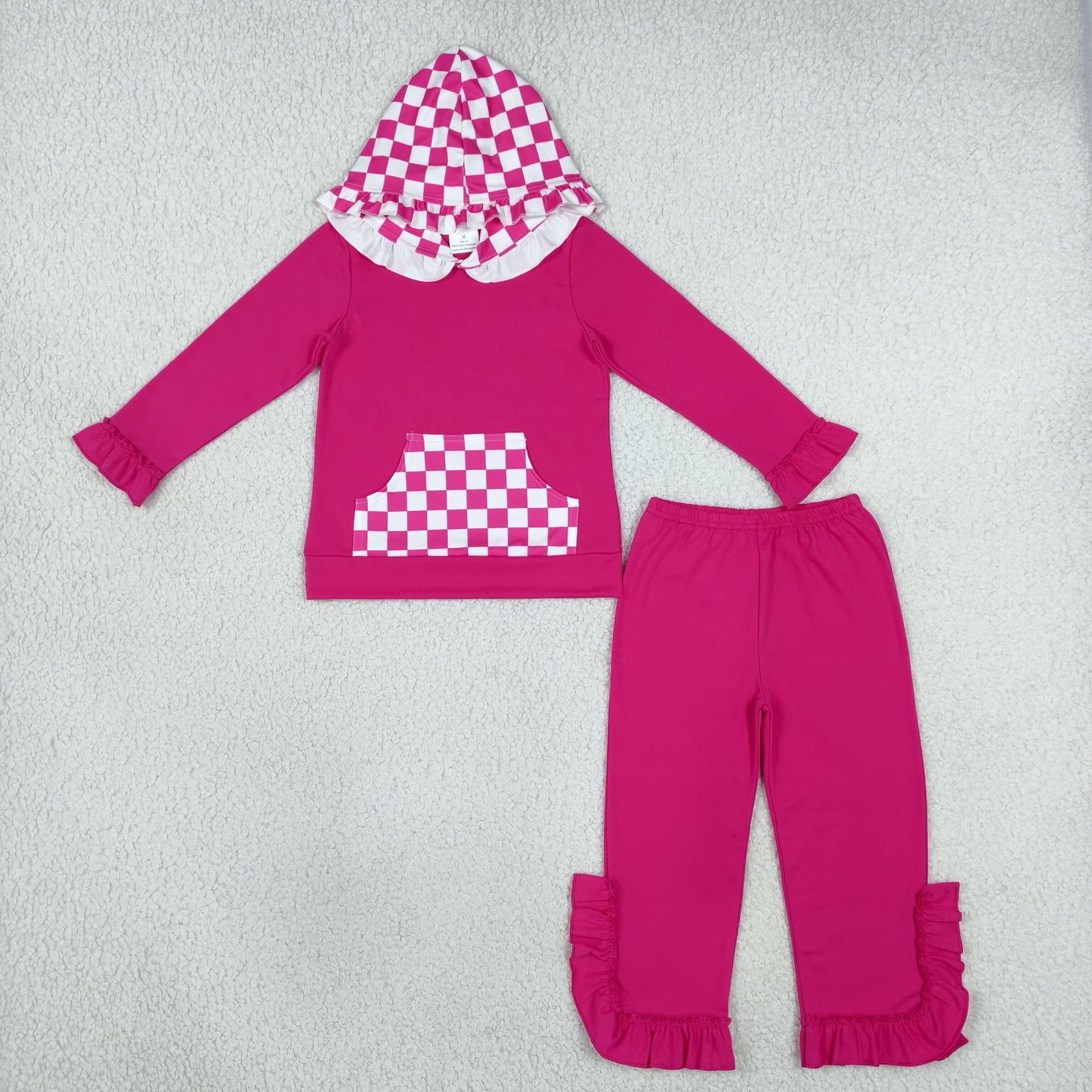 GLP3709 Solid Rose Red Ruffles Plaid Hoodie Girls Set