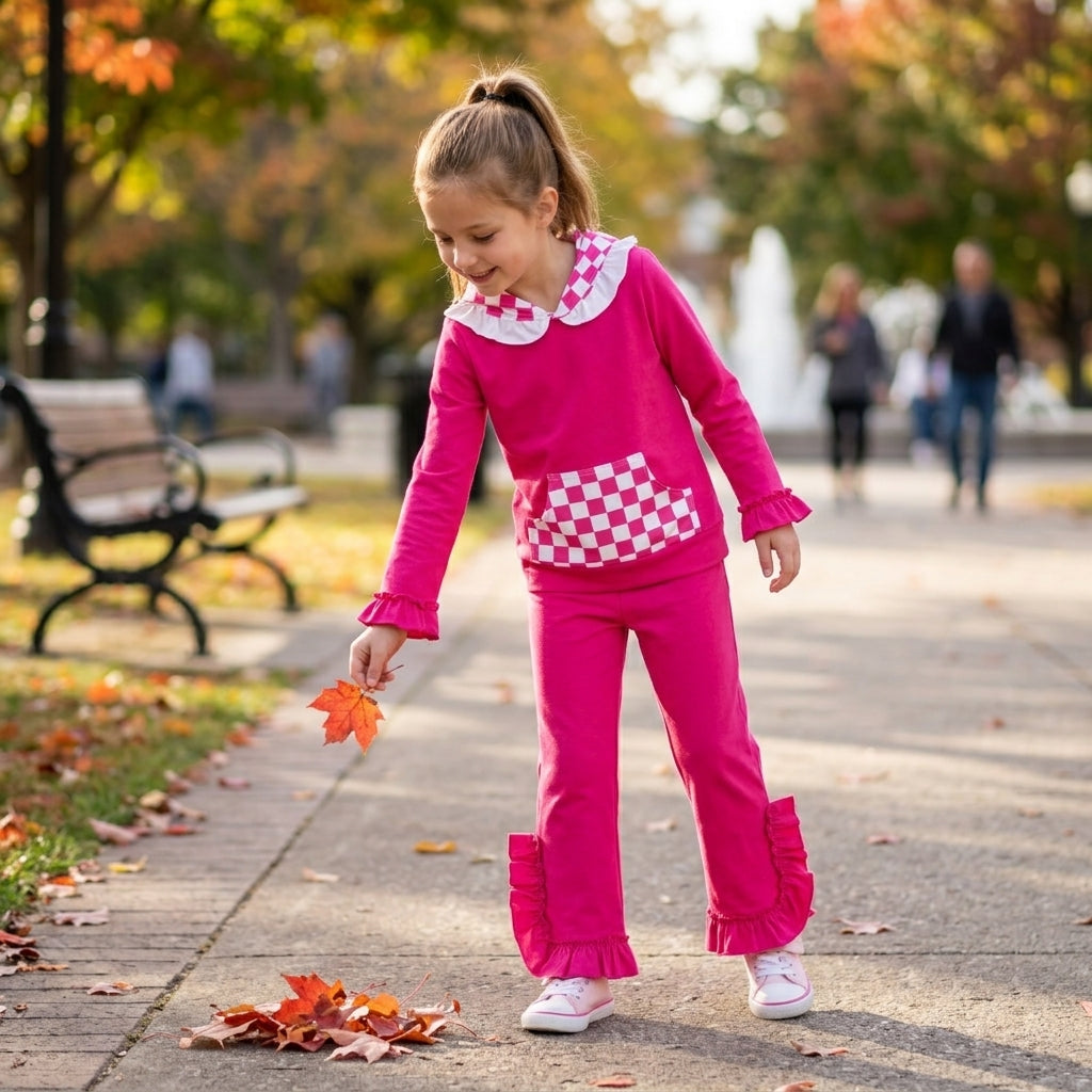GLP3709 Solid Rose Red Ruffles Plaid Hoodie Girls Set