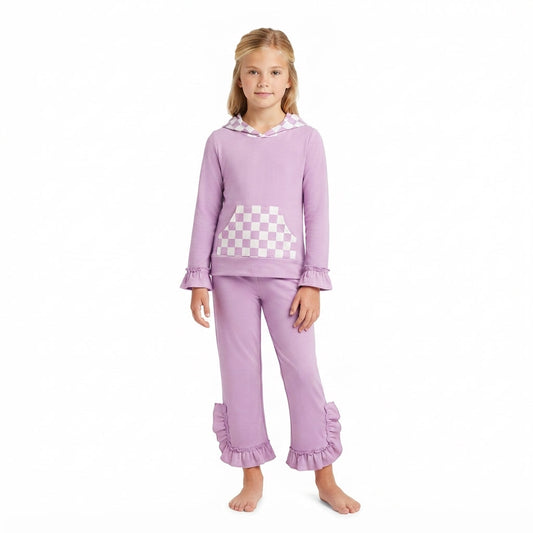 GLP3710 Solid Purple Ruffles Plaid Hoodie Girls Set