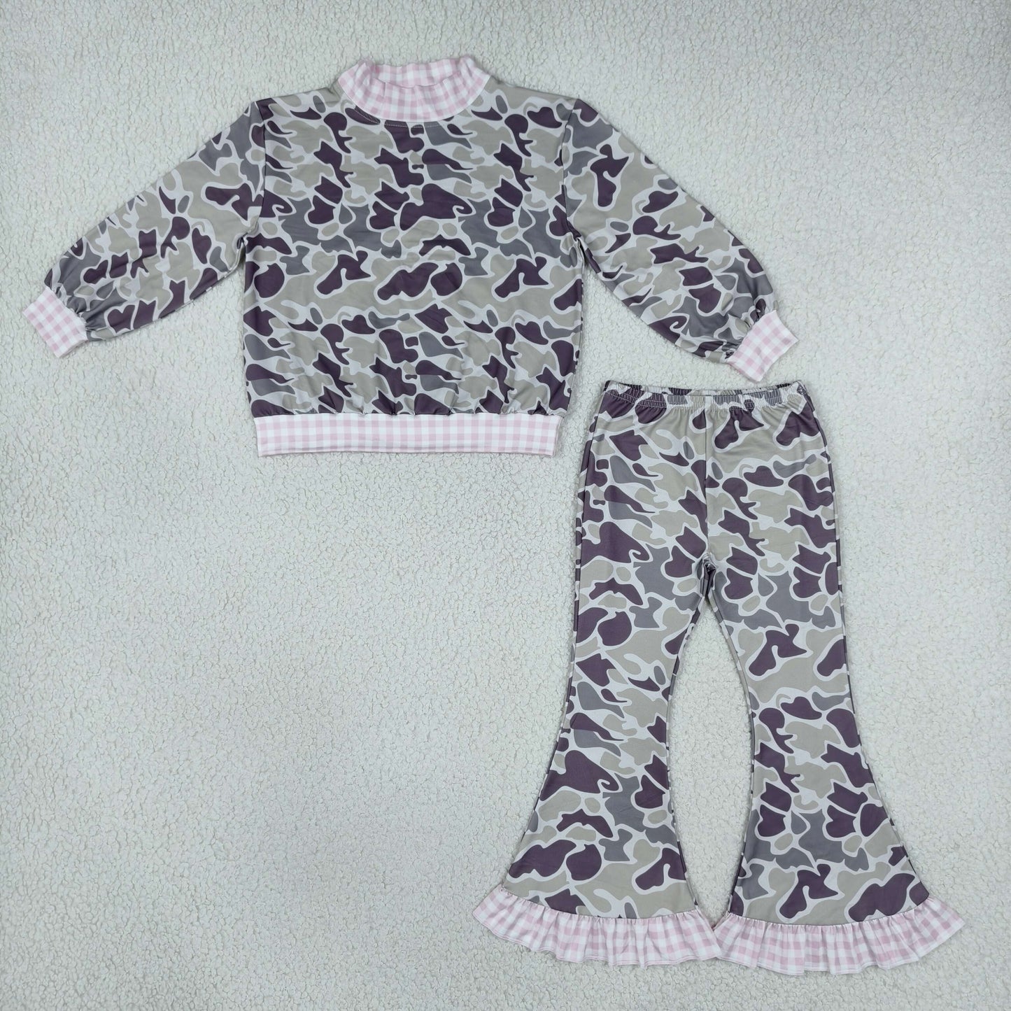 GLP3737 Hunting Camo Pink Plaid Middle Neckline Gray Girls Set