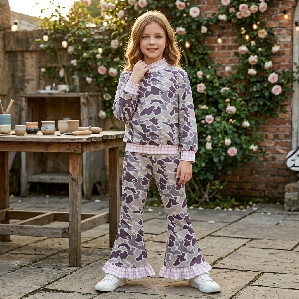 GLP3737 Hunting Camo Pink Plaid Middle Neckline Gray Girls Set