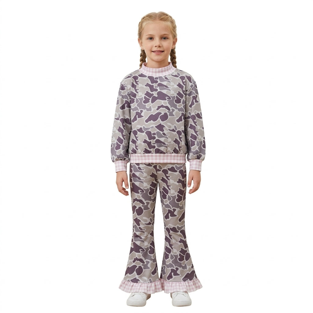 GLP3737 Hunting Camo Pink Plaid Middle Neckline Gray Girls Set