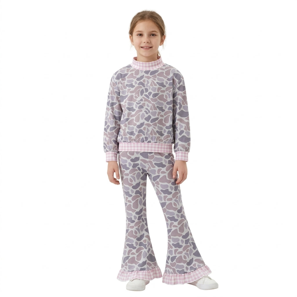 GLP3737 Hunting Camo Pink Plaid Mockneck Gray Girls Set