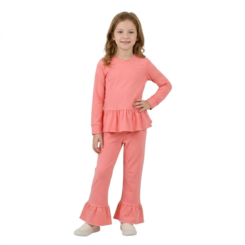 GLP3746 Solid Color Cotton Pink Ruffles Girls Set