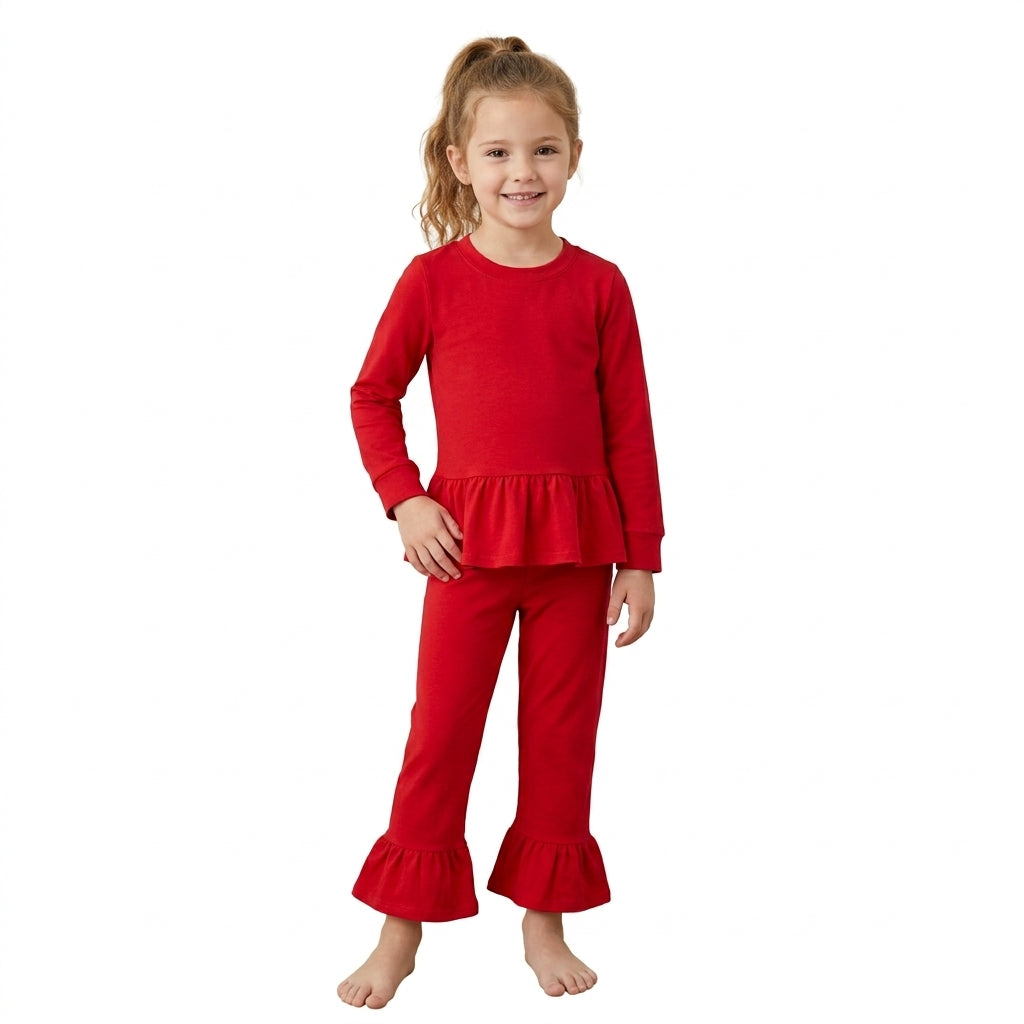 GLP3749 Solid Color Cotton Red Ruffles Girls Set