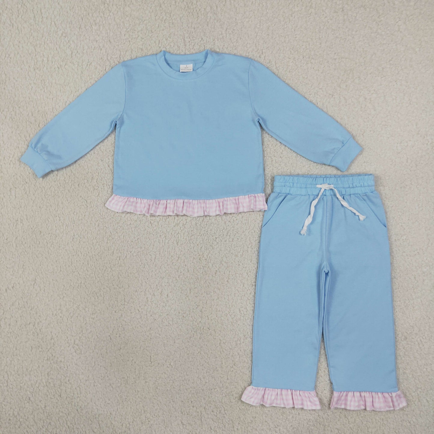 GLP3753 Solid Color Blue Cotton Pink Plaid Ruffles Girls Set
