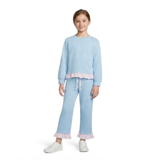 GLP3753 Solid Color Blue Cotton Pink Plaid Ruffles Girls Set