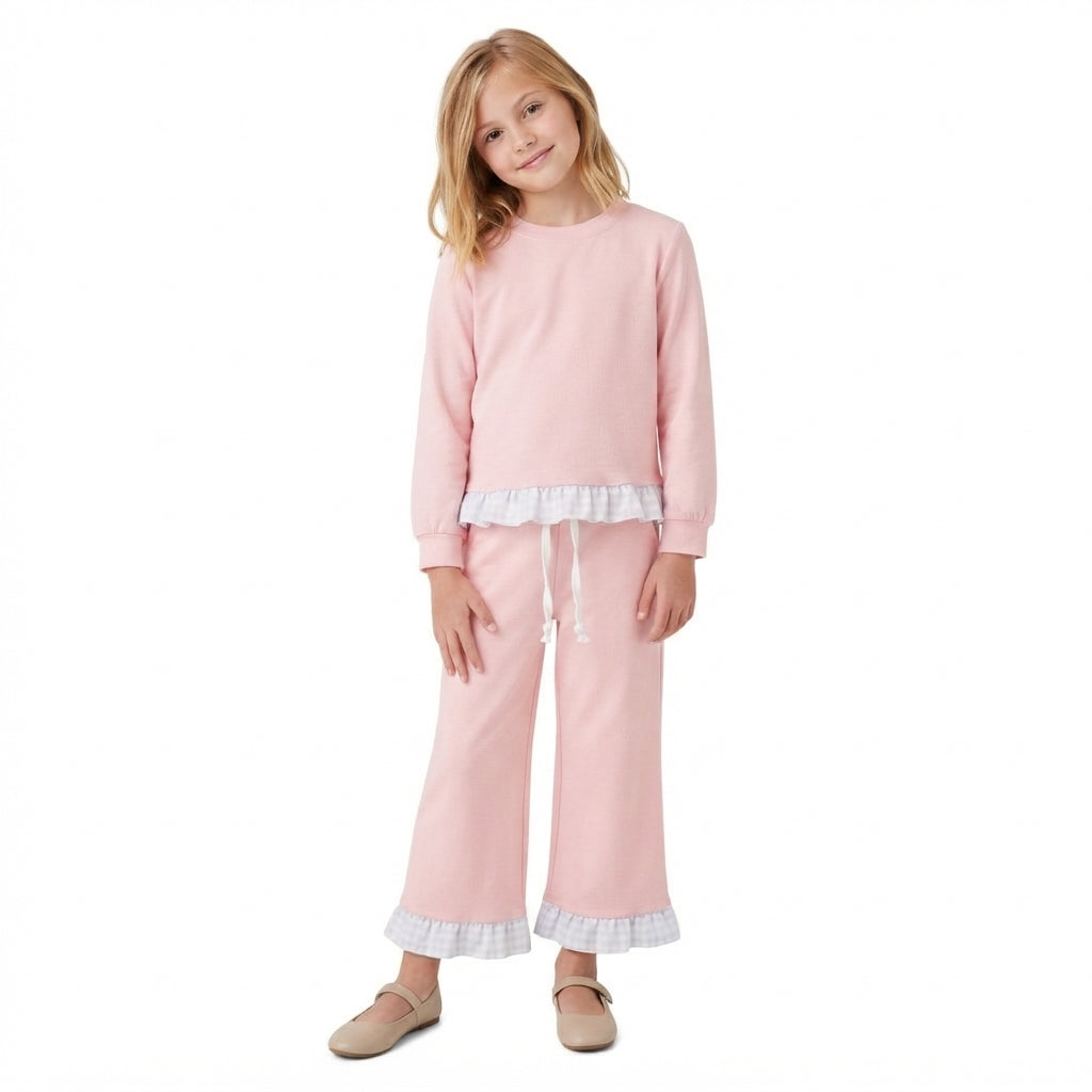 GLP3754 Solid Color Pink Cotton Blue Plaid Ruffles Girls Set