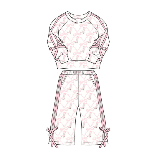 Preorder MOQ 5 pcs GLP3805 Bows Boots Pink Stripe Girls Set