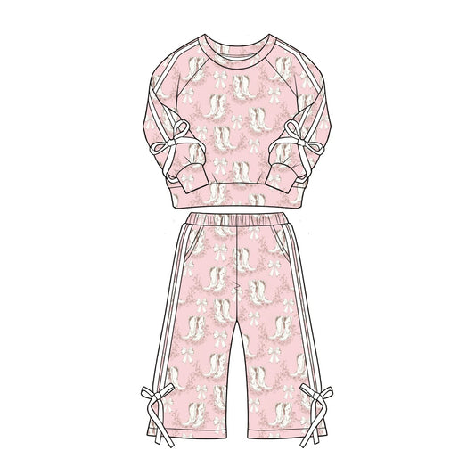 Preorder MOQ 5 pcs GLP3805 Bows Boots White Stripe Girls Set