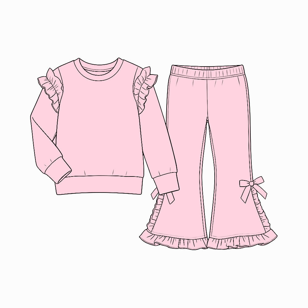 Preorder MOQ 5 pcs Each Style Solid Color Cotton Bows Ruffles Kids Matching Clothes