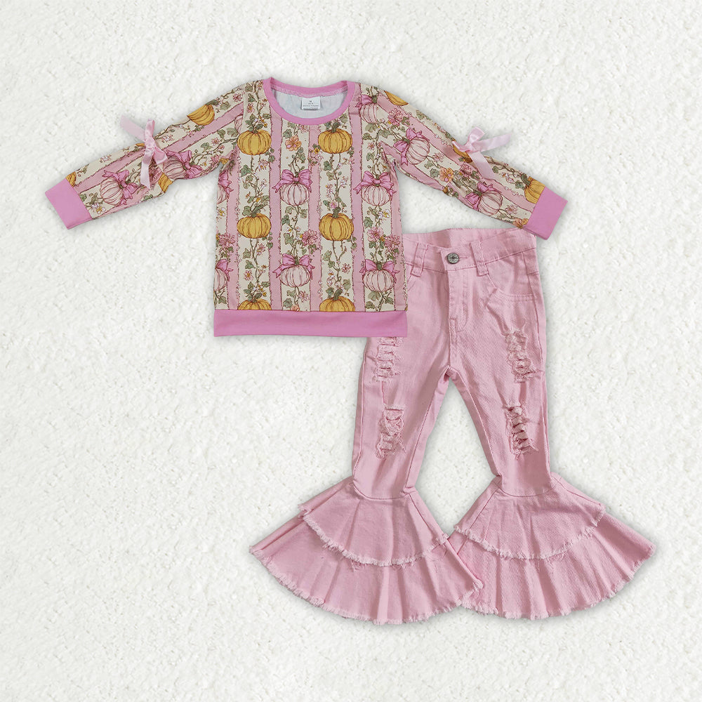 GLP3851 Fall Pumpkin Flower Bows Pink Denim Jeans 2 Pcs Girl's Set