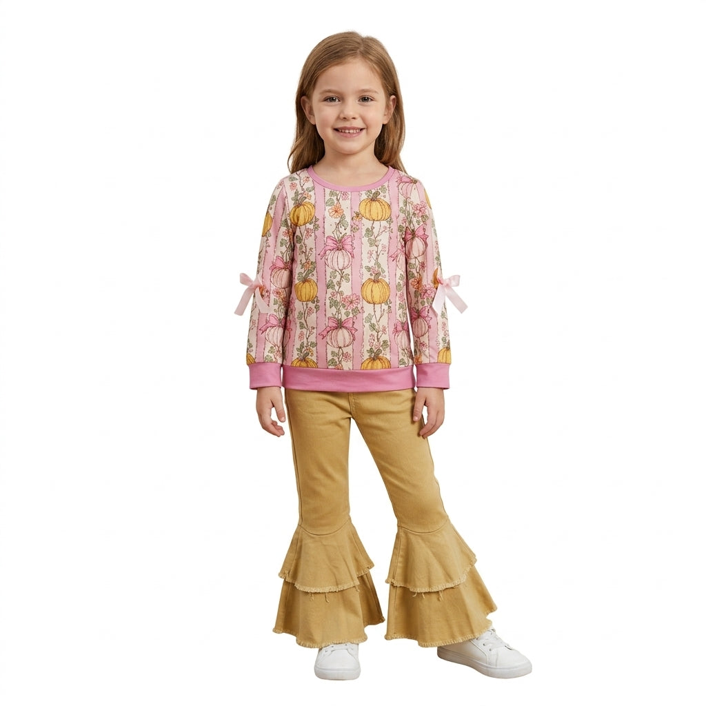 GLP3852 Fall Pumpkin Flower Bows Yellow Denim Jeans 2 Pcs Girl's Set