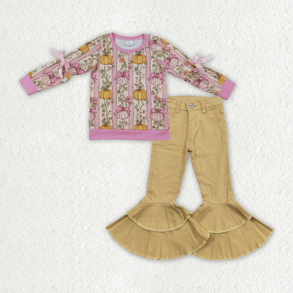 GLP3852 Fall Pumpkin Flower Bows Yellow Denim Jeans 2 Pcs Girl's Set