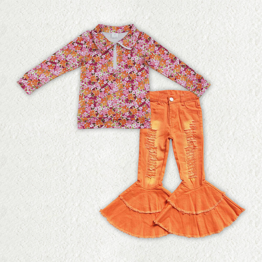 GLP3853 Floral Pullover Orange Denim Jeans 2 Pcs Girl's Set
