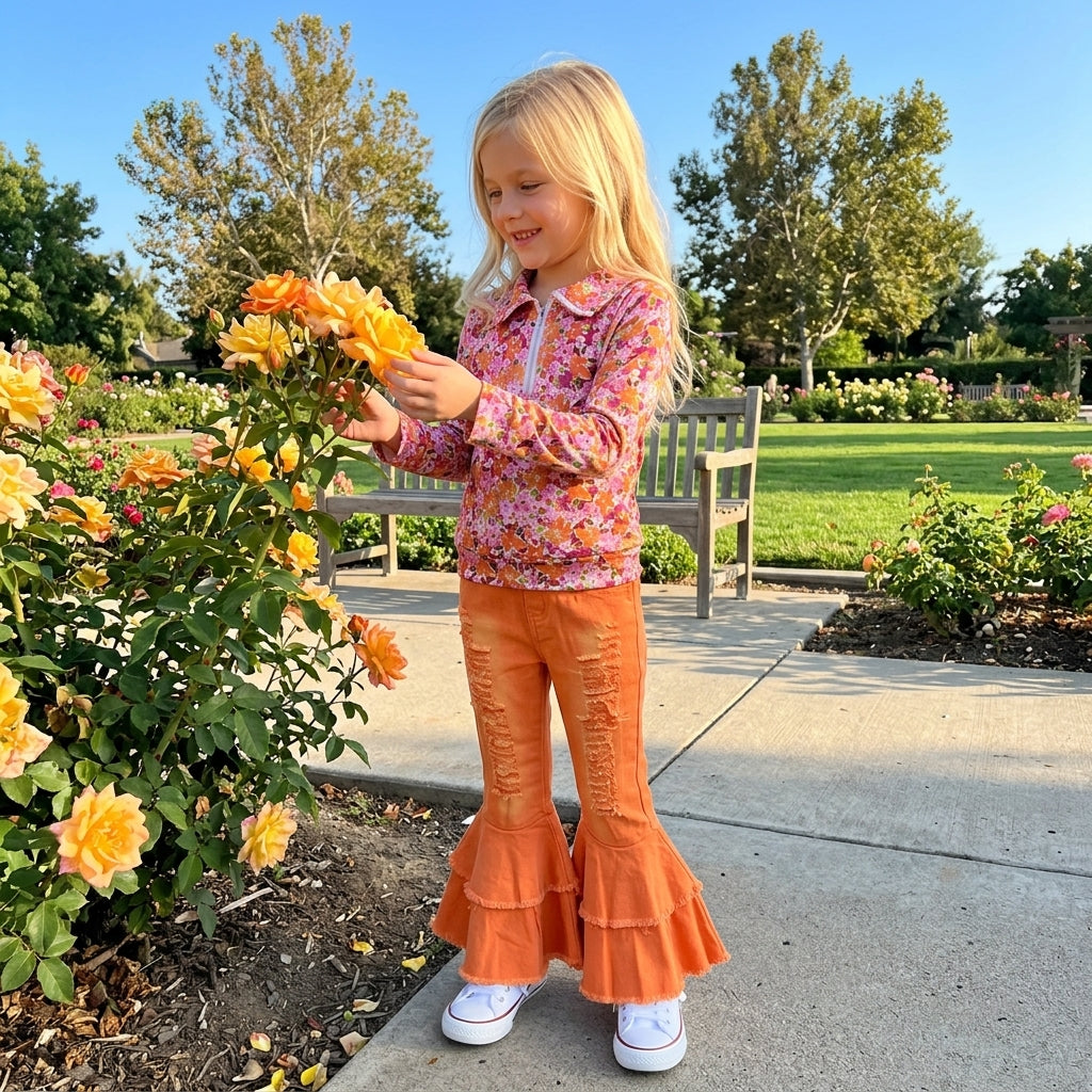 GLP3853 Floral Pullover Orange Denim Jeans 2 Pcs Girl's Set