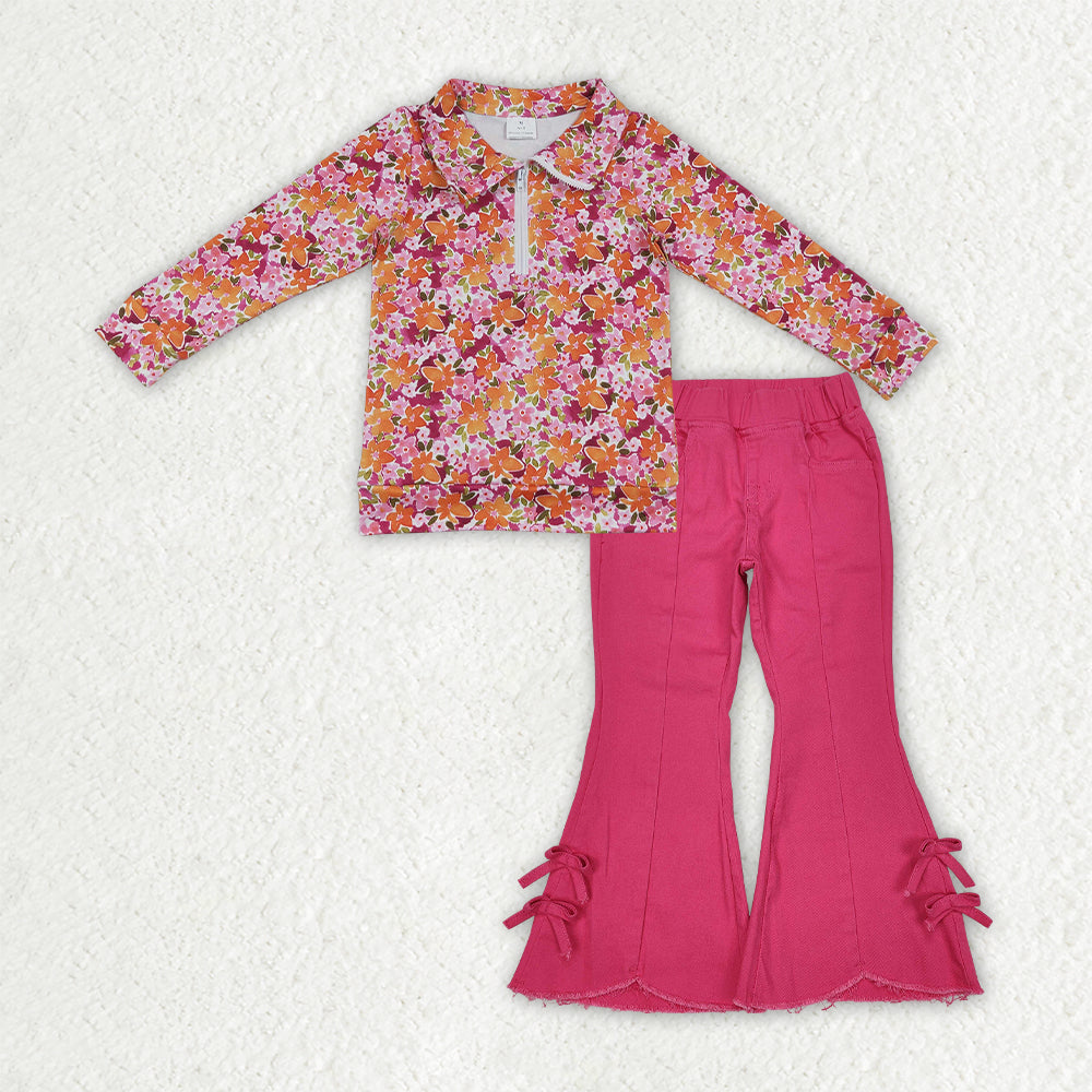 GLP3854 Floral Pullover Rose Red Denim Jeans 2 Pcs Girl's Set