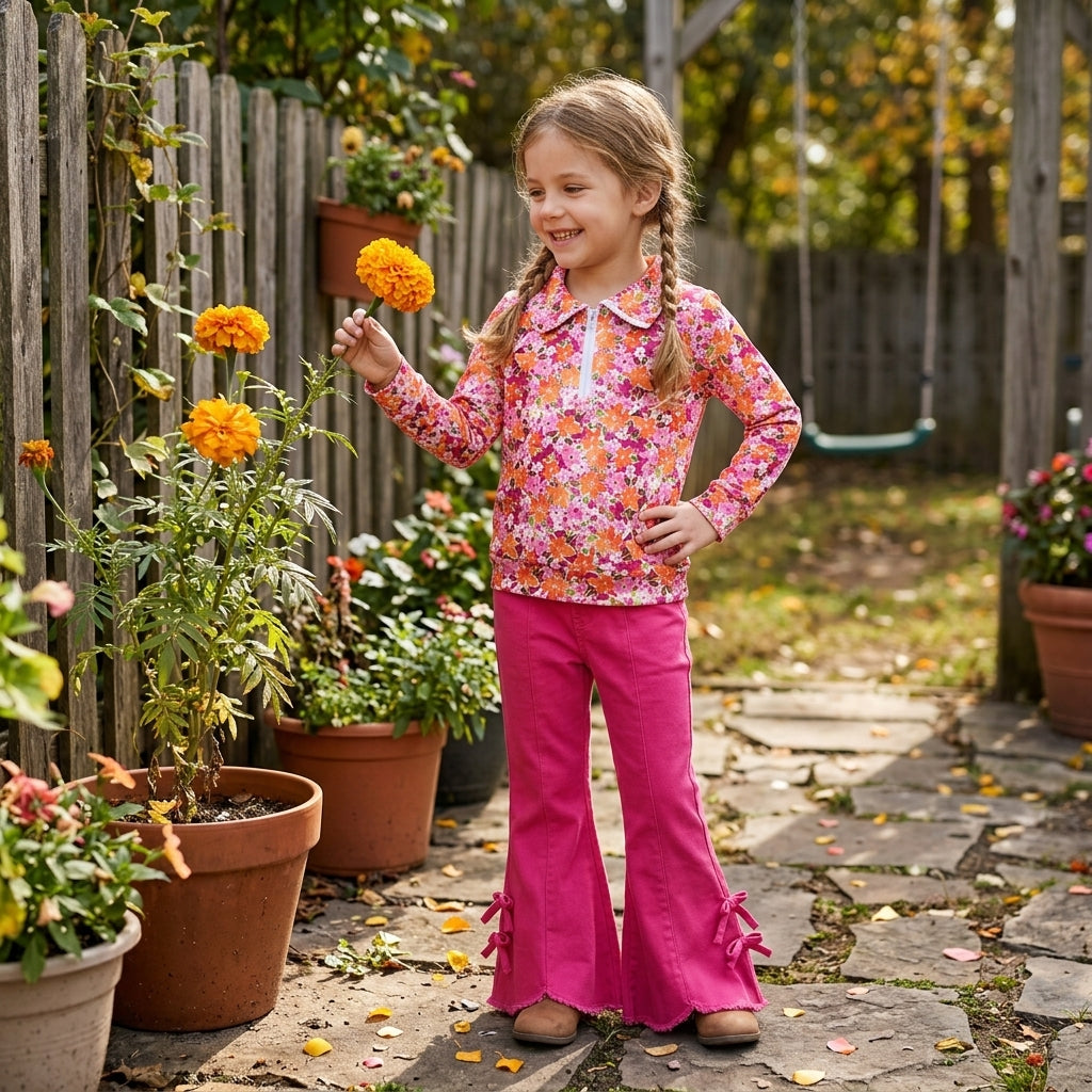 GLP3854 Floral Pullover Rose Red Denim Jeans 2 Pcs Girl's Set