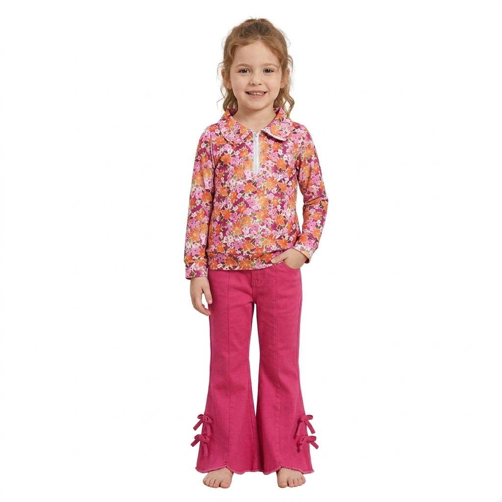 GLP3854 Floral Pullover Rose Red Denim Jeans 2 Pcs Girl's Set
