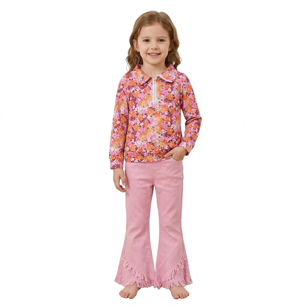 GLP3855 Floral Pullover Pink Denim Jeans 2 Pcs Girl's Set