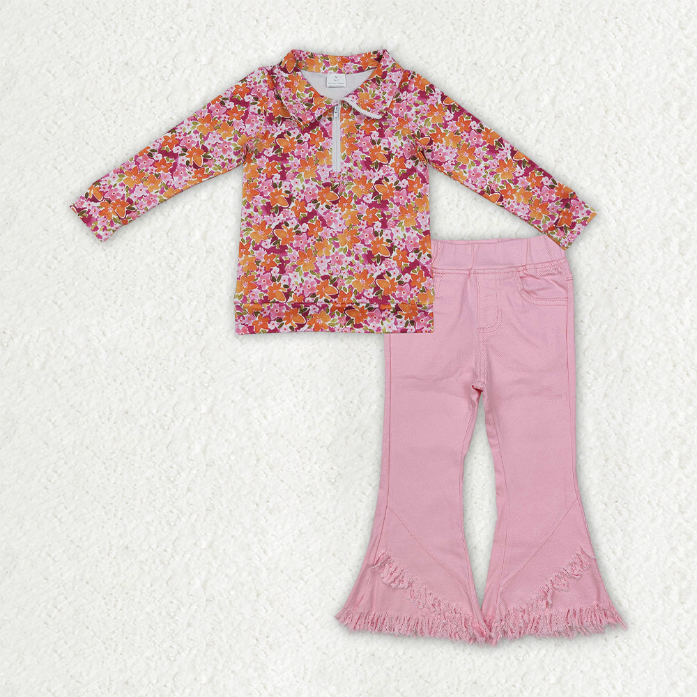 GLP3855 Floral Pullover Pink Denim Jeans 2 Pcs Girl's Set