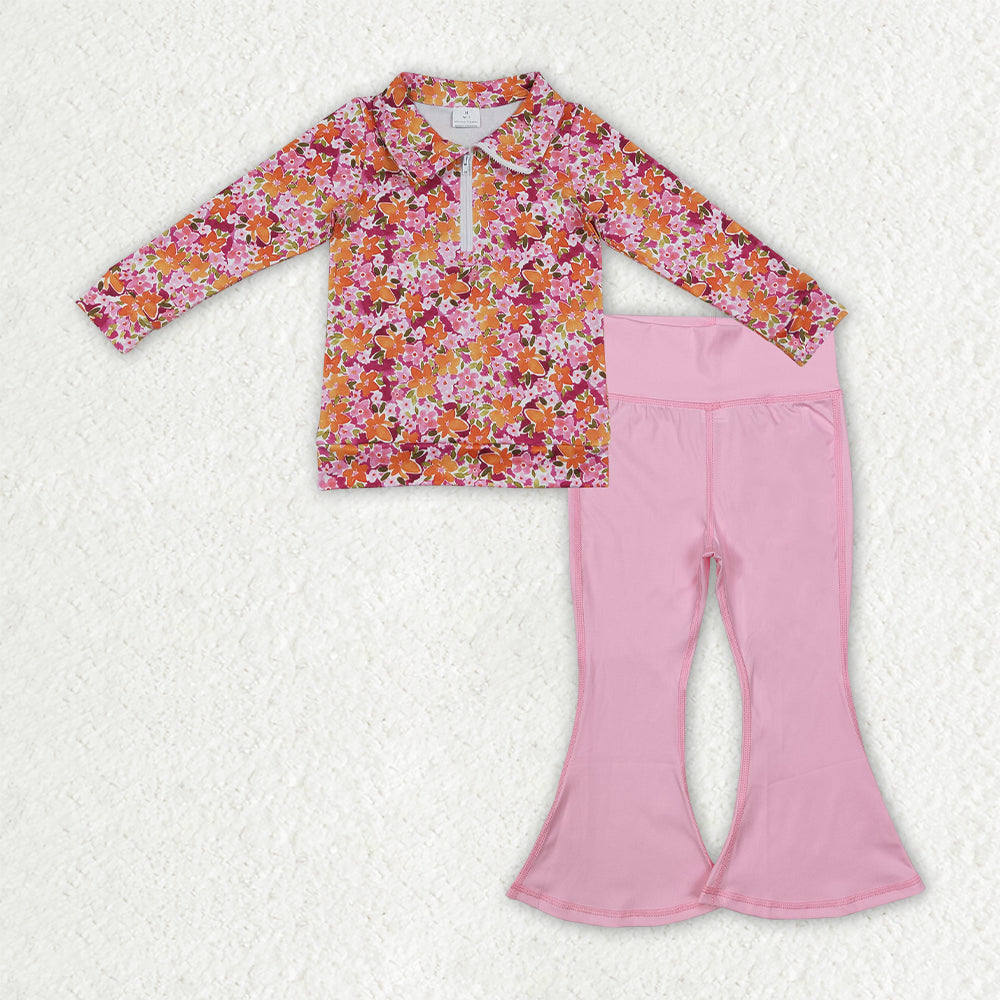 GLP3856 Flower Floral Pullover Pink Yoga Girls Flared Pants Set