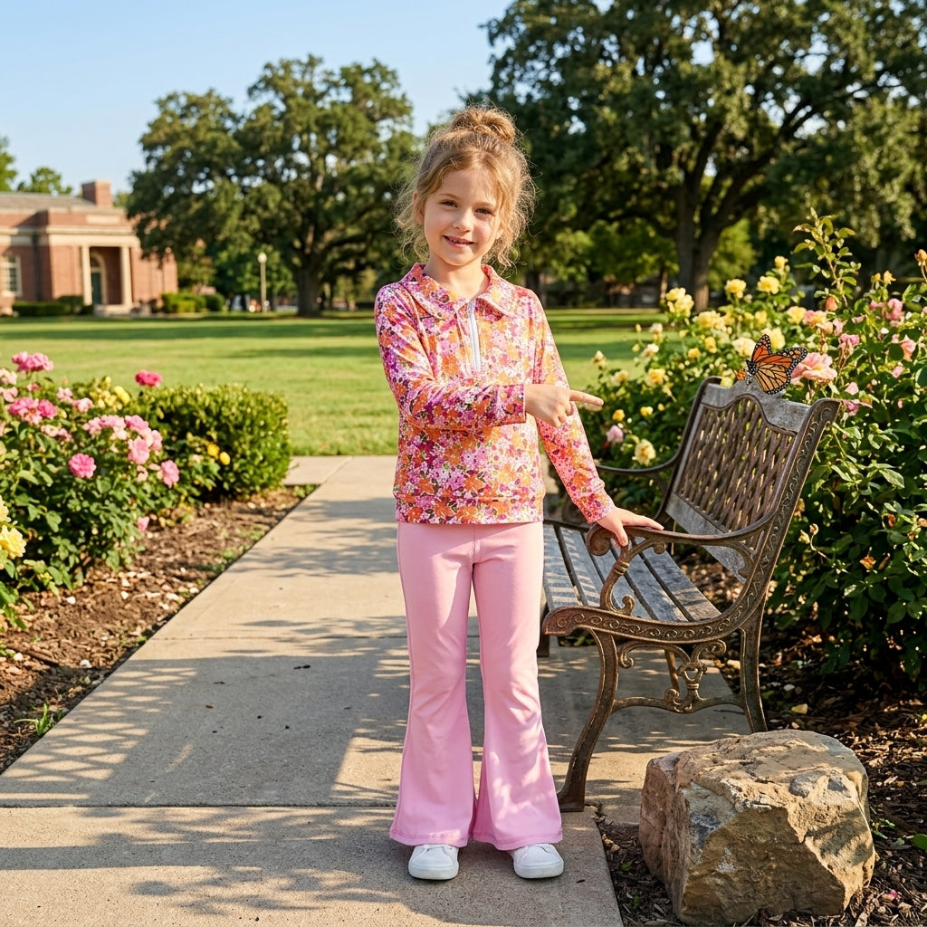 GLP3856 Flower Floral Pullover Pink Yoga Girls Flared Pants Set