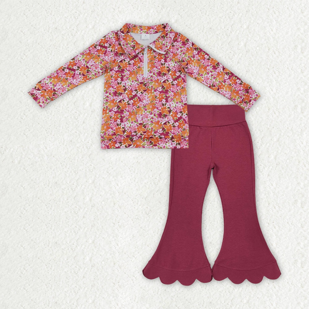 GLP3857 Flower Floral Pullover Scallop Edge Yoga Girls Flared Pants Set