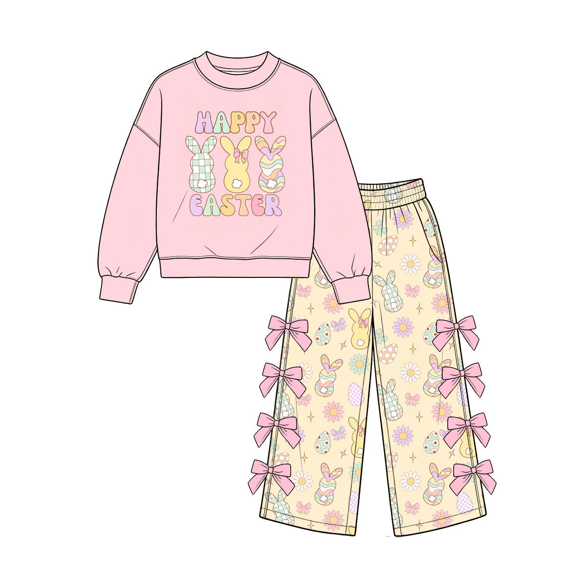 Preorder MOQ 5 pcs Each Style Happy Easter Bunny Flower Pink Kids Matching Clothes