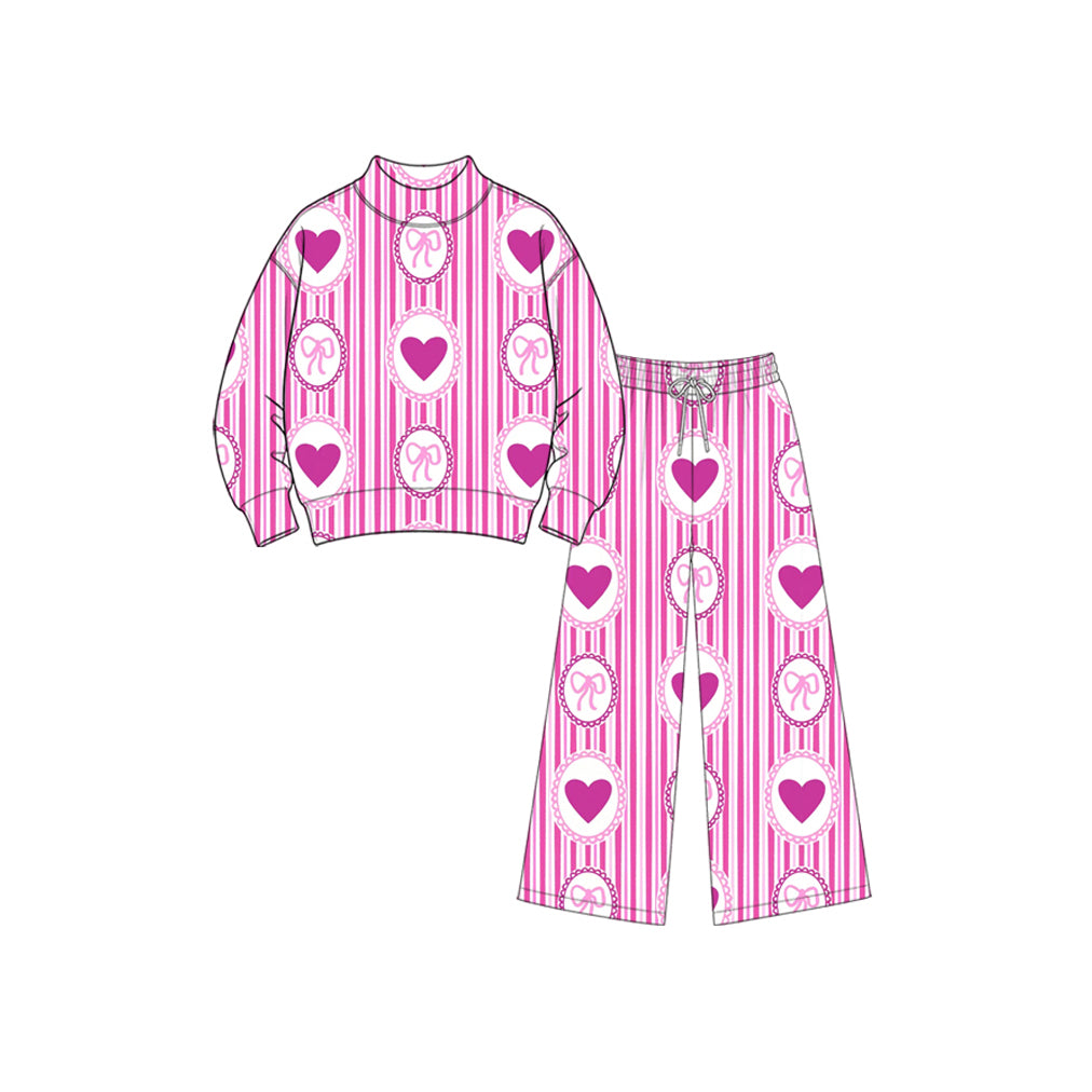 Preorder MOQ 5 pcs Each Style Valentine's Day Love Bows Stripe Middle Neckline Rose Red Mommy and Me Matching Clothes