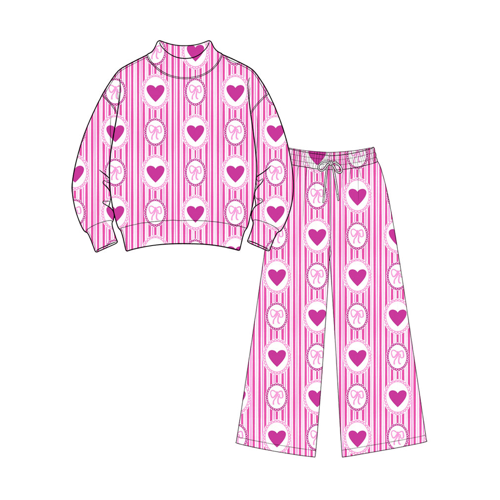 Preorder MOQ 5 pcs Each Style Valentine's Day Love Bows Stripe Middle Neckline Rose Red Mommy and Me Matching Clothes