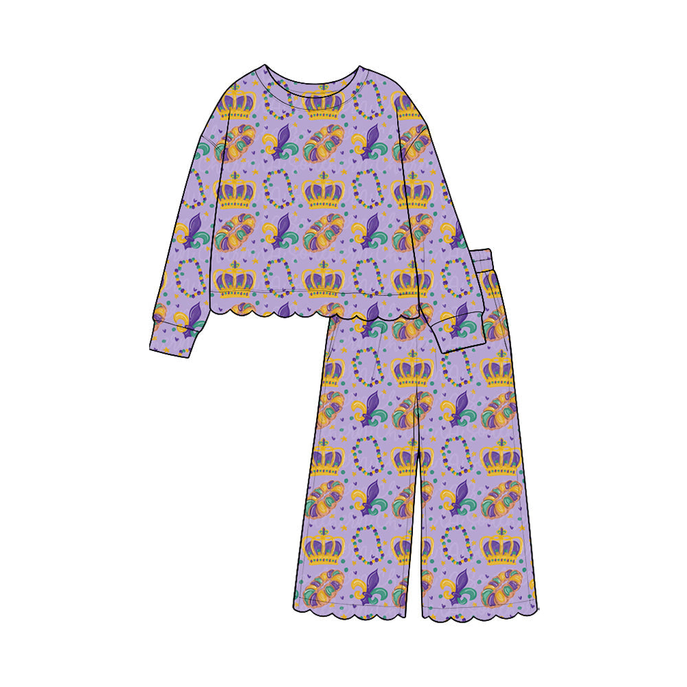 Preorder MOQ 5 pcs Each Style Mardi Gras Girl's Jumpsuit & Scallop Edge Set Kids Matching Clothes