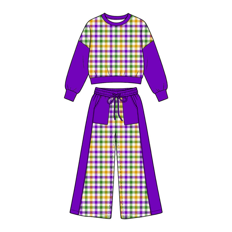 Preorder MOQ 5 pcs GLP3921 Mardi Gras Plaid Girls Wide Leg Pants Set