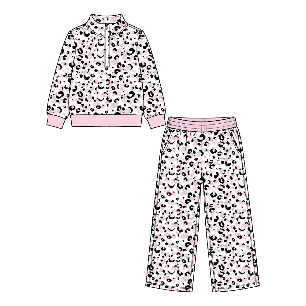 Preorder MOQ 5 pcs Each Style Leopard Zipper Pullover Girls Set Kids Matching Clothes
