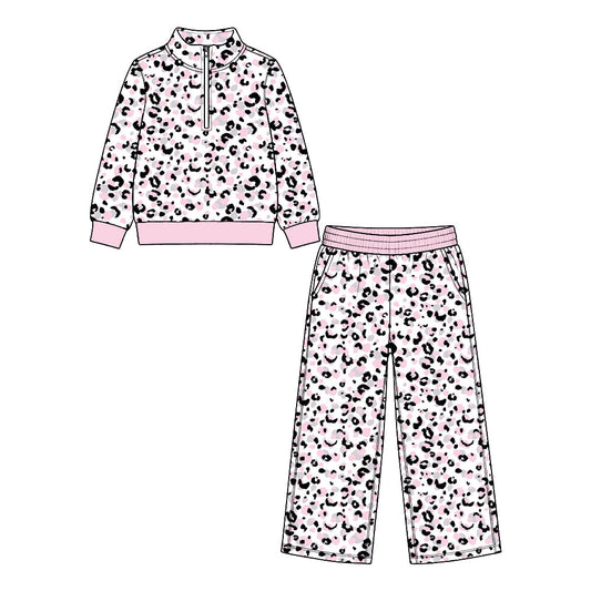 Preorder MOQ 5 pcs Each Style Leopard Zipper Pullover Girls Set Kids Matching Clothes