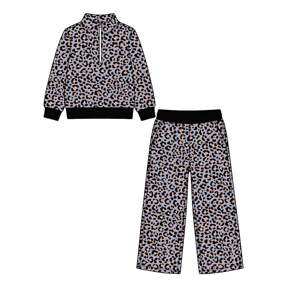 Preorder MOQ 5 pcs Each Style Leopard Zipper Pullover Girls Set Kids Matching Clothes