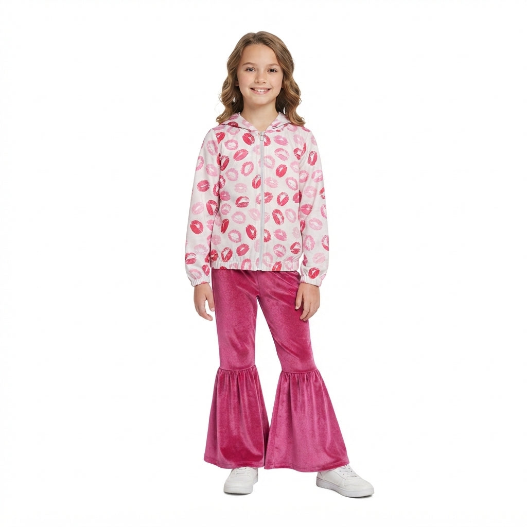GLP3954 Valentine's Day Hoodie Coat Rose Red Velvet Flared Pants Girls Outfits