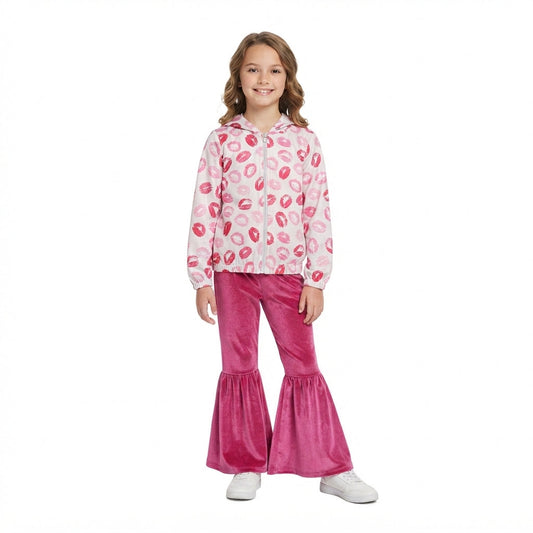 GLP3954 Valentine's Day Hoodie Coat Rose Red Velvet Flared Pants Girls Outfits