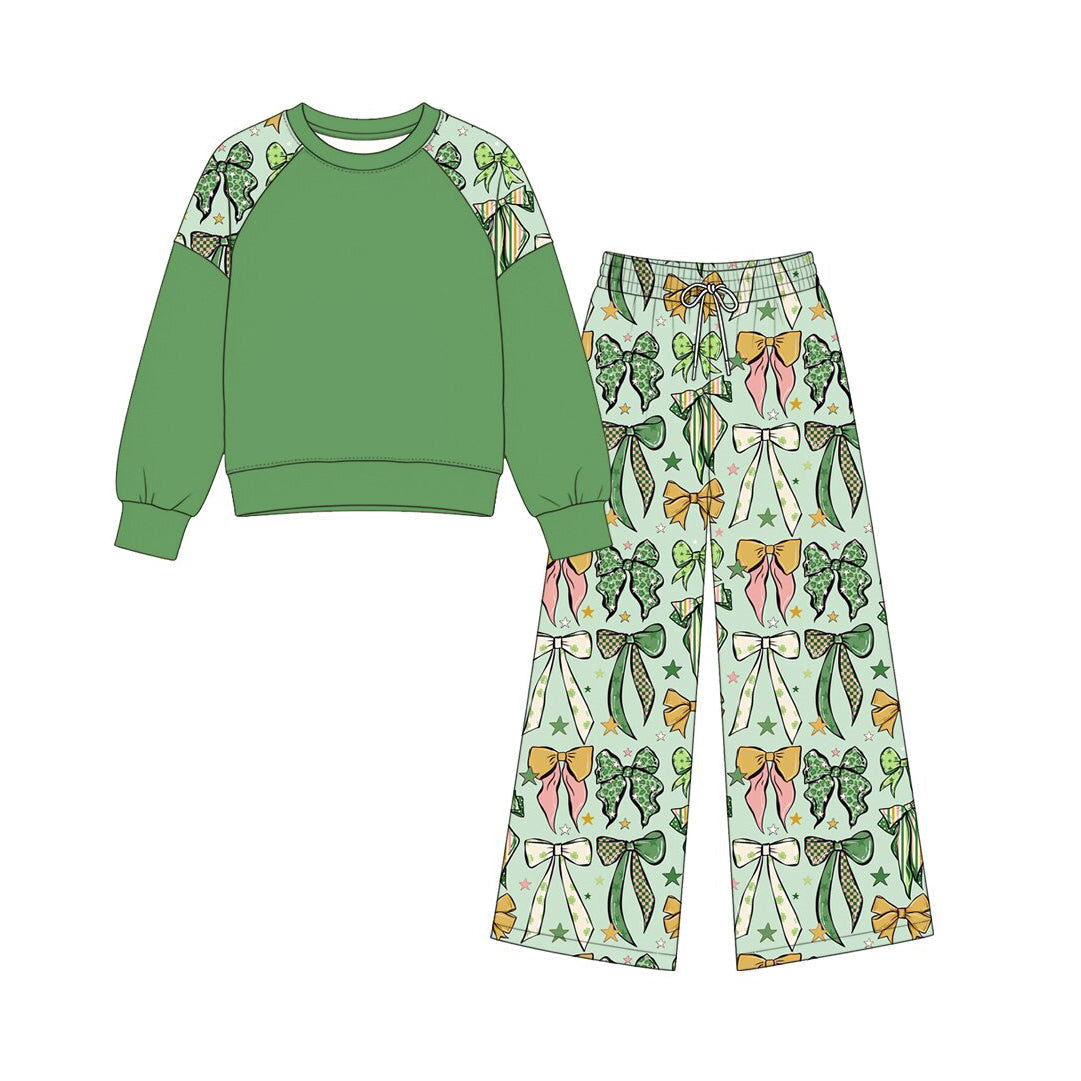 Preorder MOQ 5 pcs Each Style Saint Patrick Leaves Bows Green Kids Matching Clothes