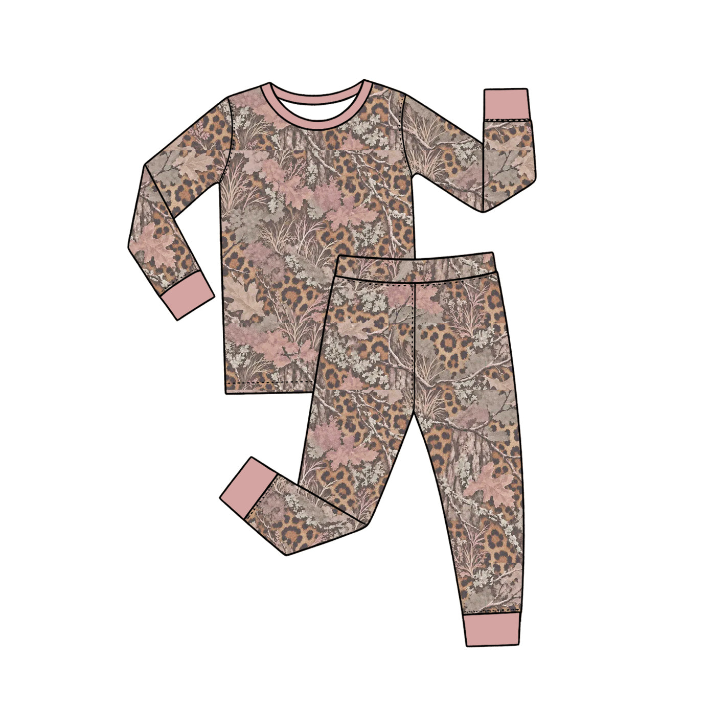 Preorder MOQ 5 pcs Each Style Hunting Leaves Leopard Gray Pink Pajamas Kids Matching Clothes