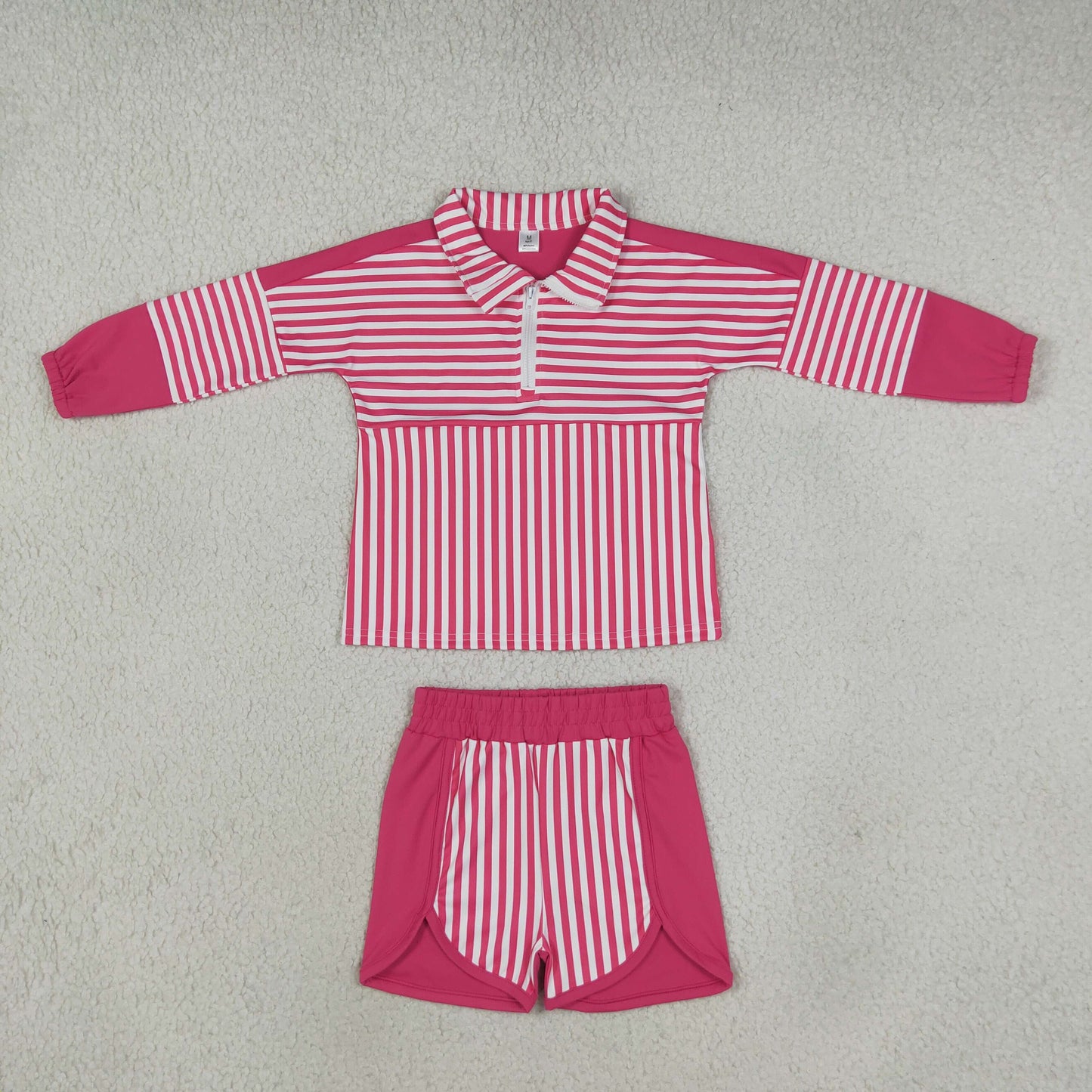 GLS0106 Solid Color Stripe Rose Red Pullover Yoga Girls Shorts Set