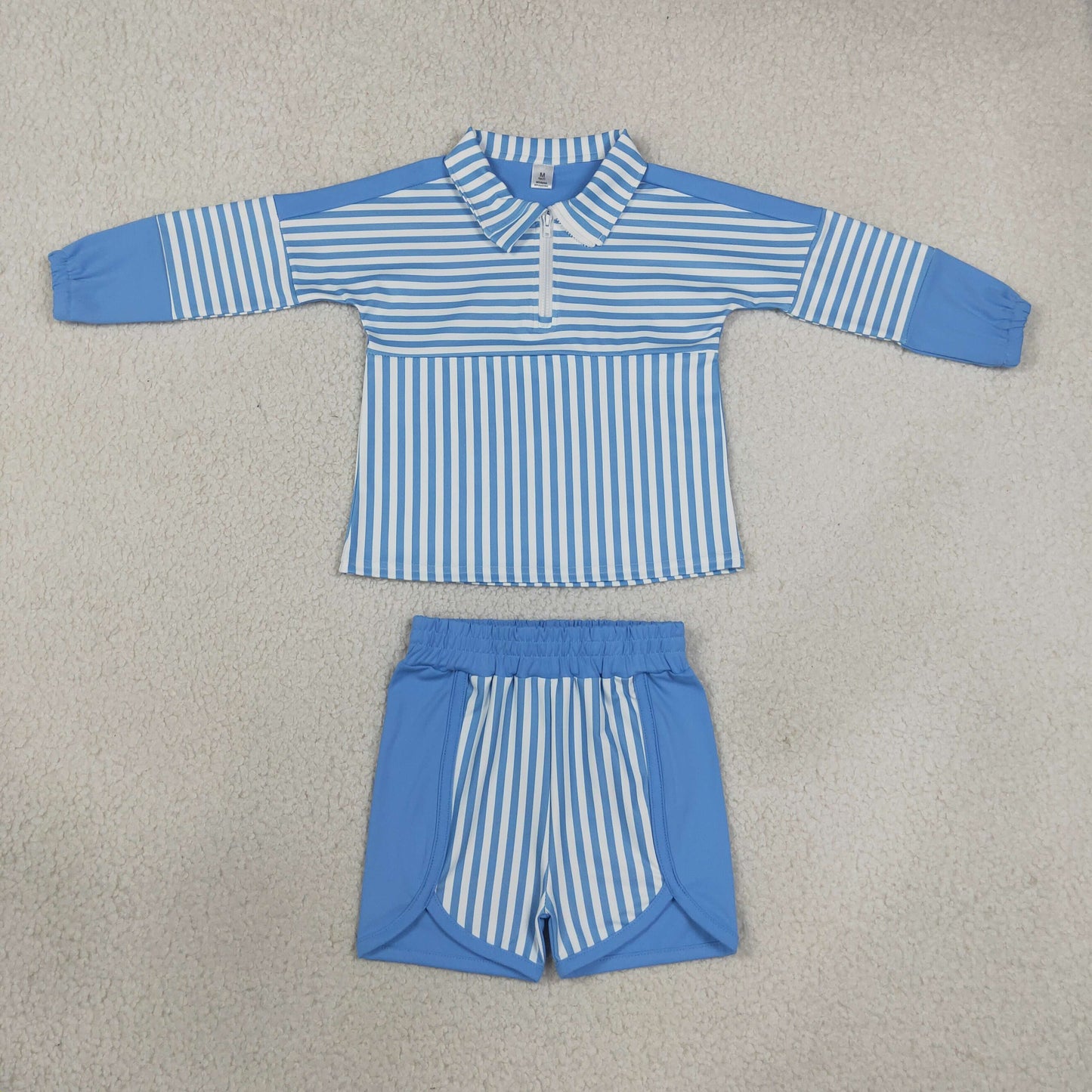 GLS0107 Solid Color Stripe Sky Blue Pullover Yoga Girls Shorts Set